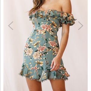 Bobby Bardot Neckline Puff Sleeve Dress Olive